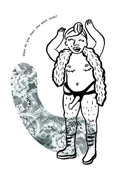 Illustration of a cute trans person wearing a strap-on, overlaid with a large dildo shape in a lace texture, with "ejaculate" reading "How do you feel the most sexy?" Illustration by Jo Sordini for the Anonymous Sex book.